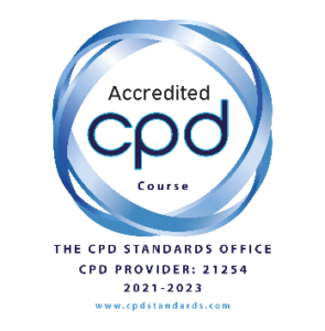 Blue and white logo on grey and white checked background. Reading Accredited cpd couse. The CPD Standards Office CPD provider: 21254. 2021-2023