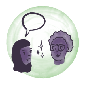 Illustration of two people's heads facing one another. One has an eampty speech bubble above them