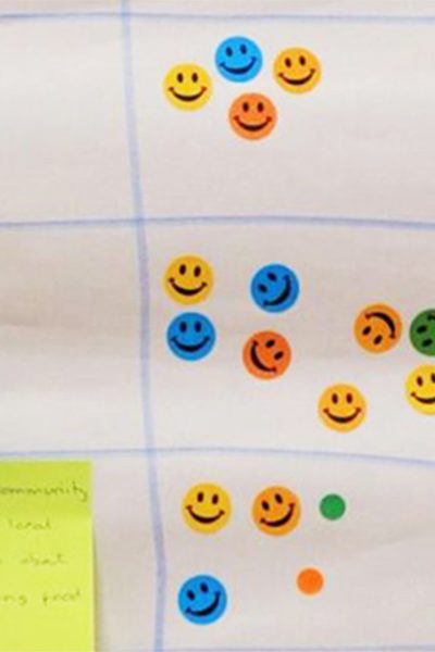 A close-up of a flip chart with post its and smiley face stickers on it, from a How to Engage with Communities workshop